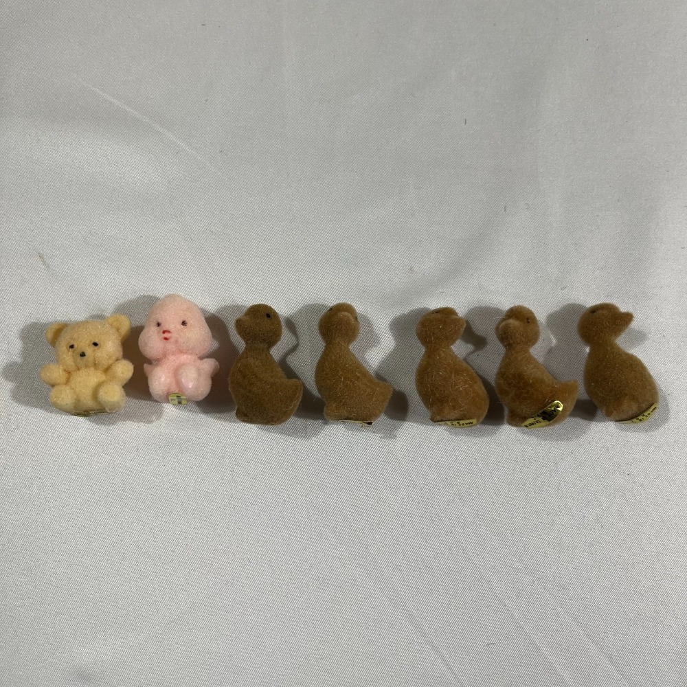 Vintage Miniature Flocked Animals Teddy Bear Bunny Duckling Figures Lot of 7